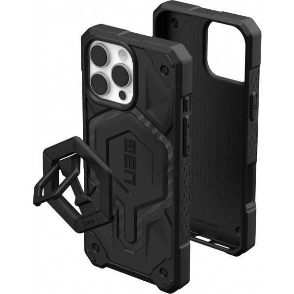 Фото - Чехол для смартфона UAG iPhone 16 Pro Max, Monarch Pro Magsafe, Carbon Fiber/Black Stand + магнитное кольцо-держатель (1144571BV01)