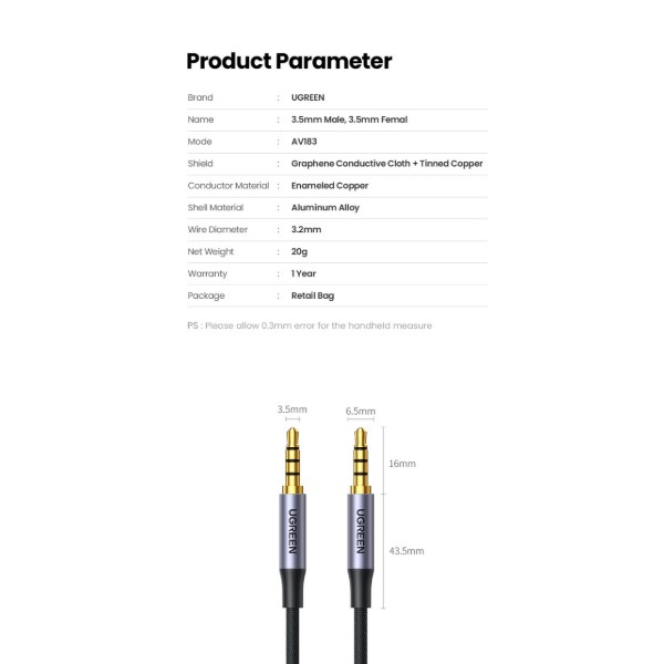 Фото - Кабель 3.5 мм -3.5 мм UGREEN AV183 3.5 mm to 3.5 mm Audio Cable 2 m Black 20782