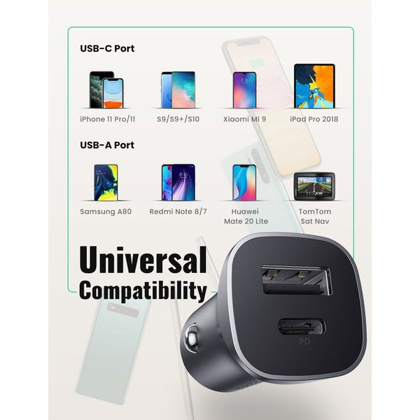 Фото - Автомобільний зарядний пристрій UGREEN CD130 20W USB + Type-C PD Charger Gray (30780)