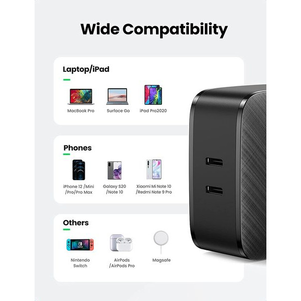 Фото - Мережевий зарядний пристрій UGREEN CD216 66W 2xType-C PD Charger Black (70867)