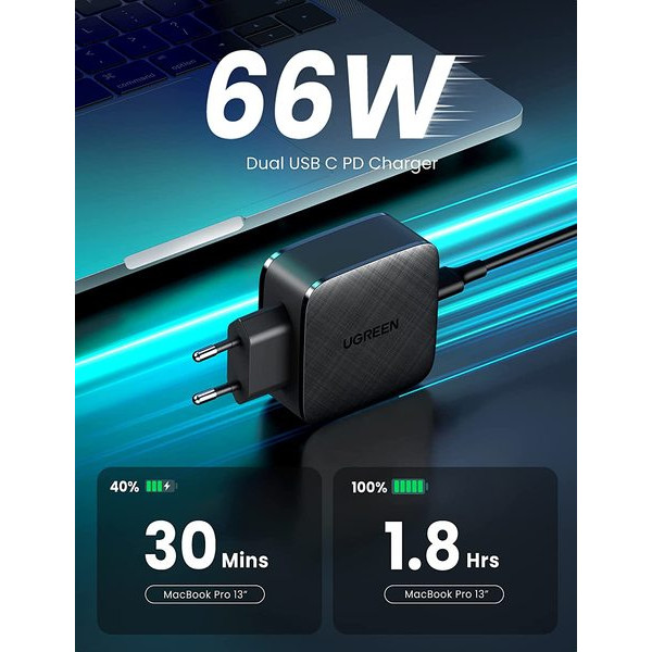 Фото - Мережевий зарядний пристрій UGREEN CD216 66W 2xType-C PD Charger Black (70867)