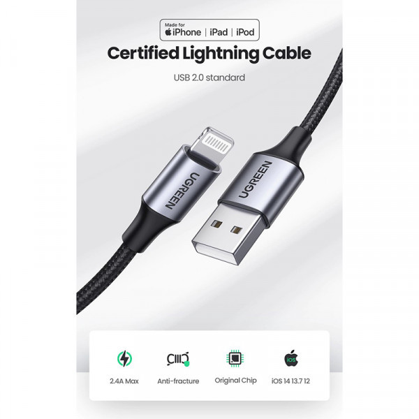 Фото - Кабель UGREEN US199 USB AM-Lightning M 2.0 m 2.4A Black (60158)