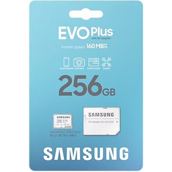 Фото - Карта пам'яті Samsung 256 GB microSDXC Class 10 UHS-I U3 V30 A2 EVO Plus + SD Adapter (MB-MC256SA/EU)