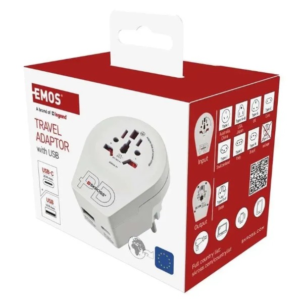 Фото - Переходник Евро 220В EMOS P0055U 1xUSB-C, (USA,GB,J,CN,AU=ШУКО)