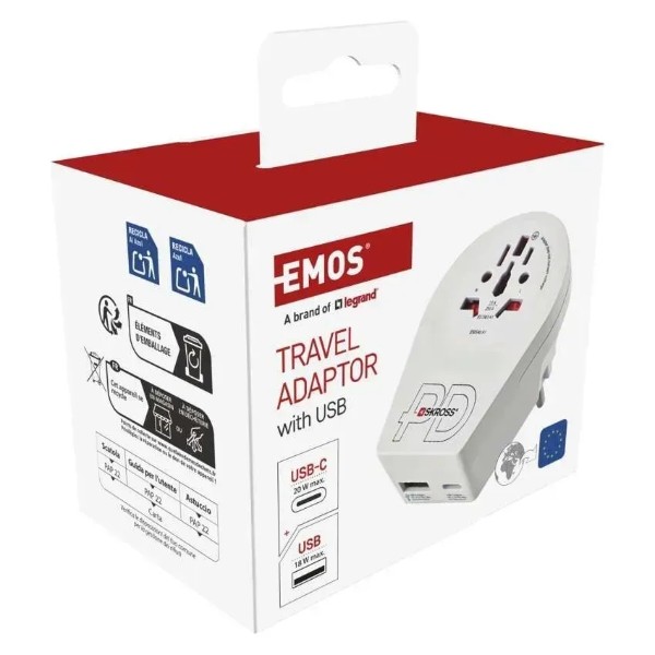 Фото - Переходник Евро 220В EMOS P0055U 1xUSB-C, (USA,GB,J,CN,AU=ШУКО)