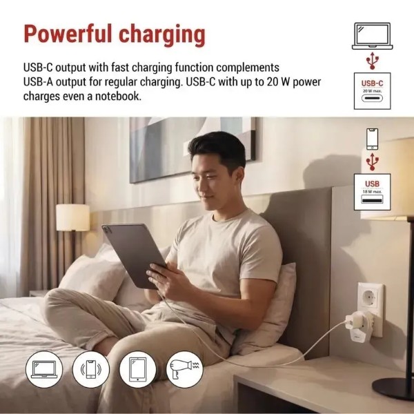 Фото - Переходник Евро 220В EMOS P0055U 1xUSB-C, (USA,GB,J,CN,AU=ШУКО)