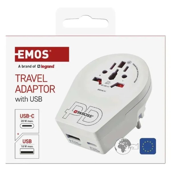 Фото - Переходник Евро 220В EMOS P0055U 1xUSB-C, (USA,GB,J,CN,AU=ШУКО)