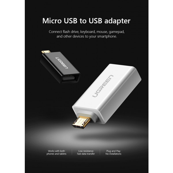 Фото - Перехідник UGREEN US195 microUSB to USB 2.0 OTG Adapter White (30529)