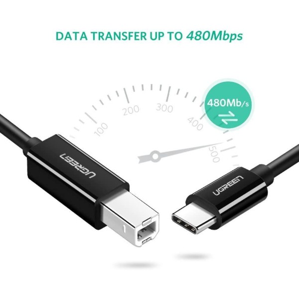 Фото - Переходник UGREEN US241 USB-C 2.0 to USB-B 2.0 Print Cable 2m Black (50446)