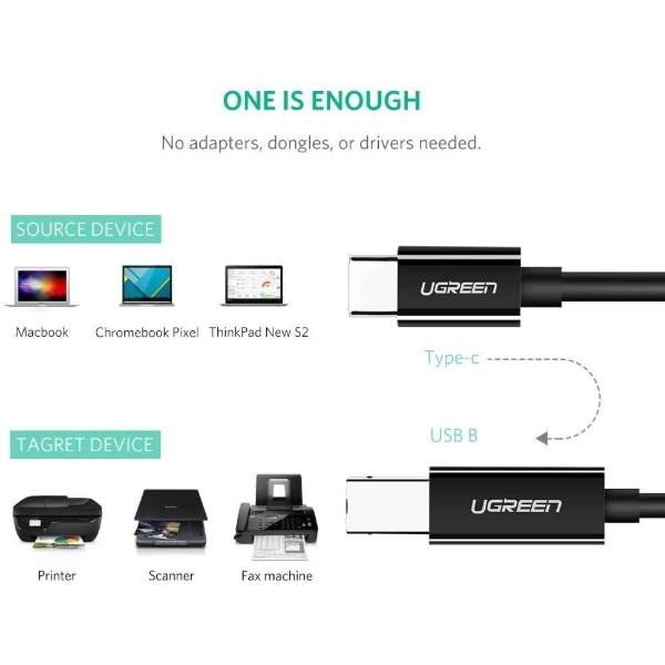 Фото - Переходник UGREEN US241 USB-C 2.0 to USB-B 2.0 Print Cable 2m Black (50446)