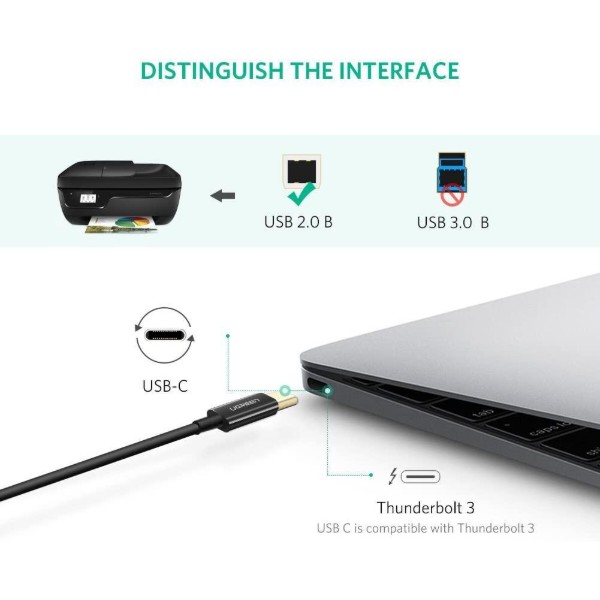 Фото - Переходник UGREEN US241 USB-C 2.0 to USB-B 2.0 Print Cable 2m Black (50446)