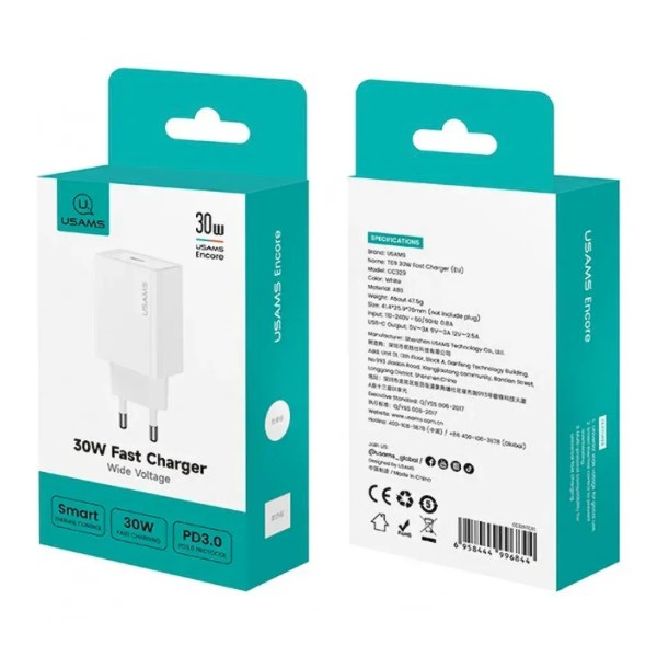 Фото - Сетевое зарядное устройство Usams T69 30W Type-C Fast Charger White (CC329TC01)
