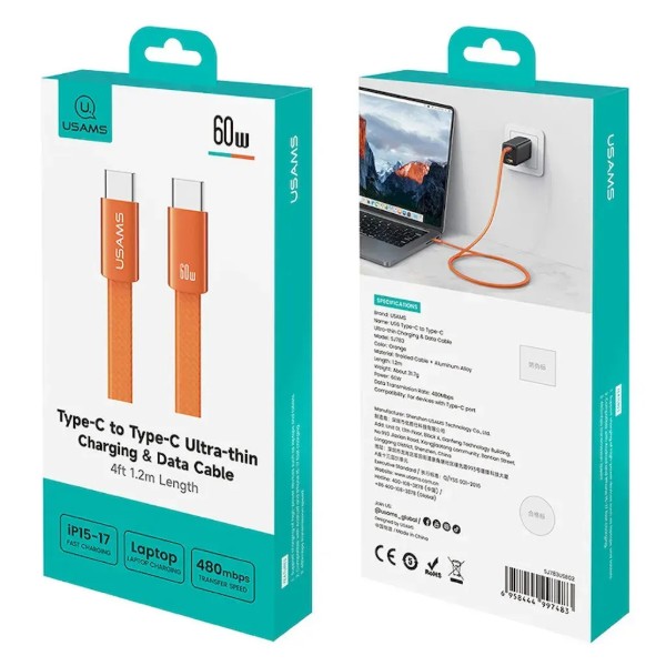 Фото - Кабель Usams U96 60W Type-C to Type-C Charging & Data Cable 1.2m Orange (SJ783USB02)