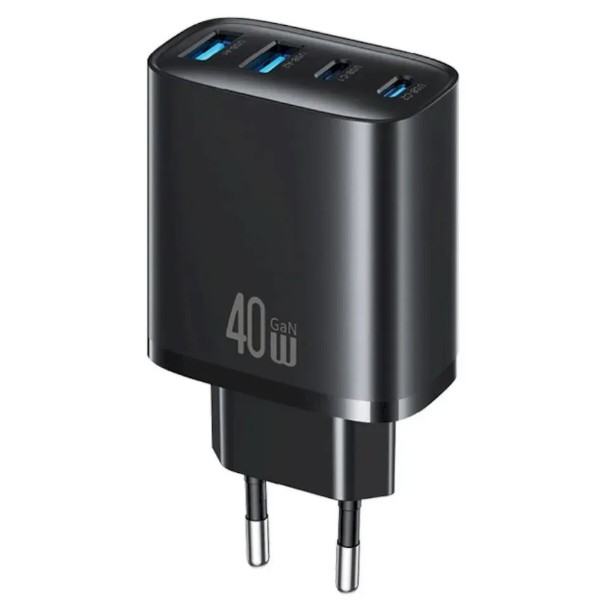 Фото - Сетевое зарядное устройство Usams US-CC330 T70 2хUSB-A + 2хUSB-С 40W GaN Fast Charger Black (CC330TC01)