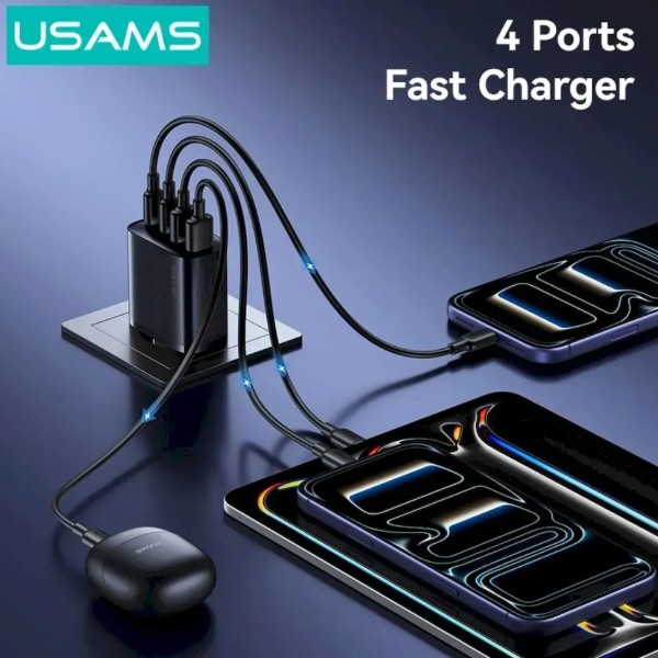 Фото - Сетевое зарядное устройство Usams US-CC330 T70 2хUSB-A + 2хUSB-С 40W GaN Fast Charger Black (CC330TC01)