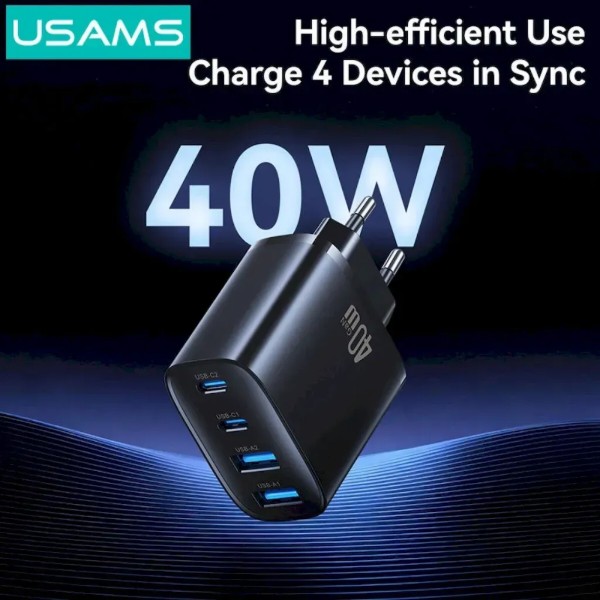 Фото - Сетевое зарядное устройство Usams US-CC330 T70 2хUSB-A + 2хUSB-С 40W GaN Fast Charger Black (CC330TC01)