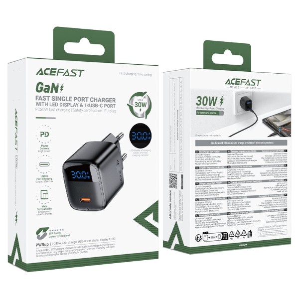 Фото - Сетевое зарядное устройство AceFast 1xUSB-C 30W Gan A115 Fast Charger + USB-C cable Black (6974316284451)
