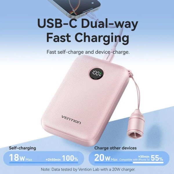 Фото - Батарея мобільна Vention 10000mAh 22,5W PD, QC USB-A/2xUSB-C Pink (FKAP0-C)