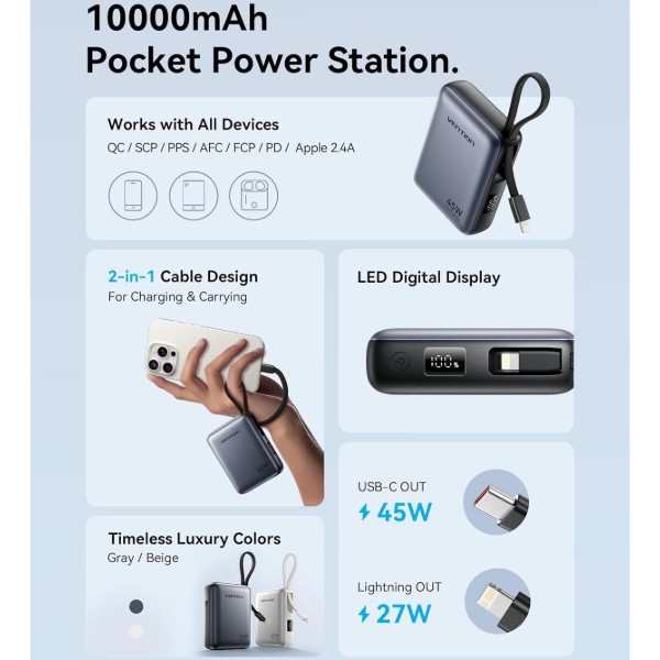 Фото - Батарея мобільна Vention 10000mAh 45W Built-in USB-C and Lightning Cables Beige (FKMN0)