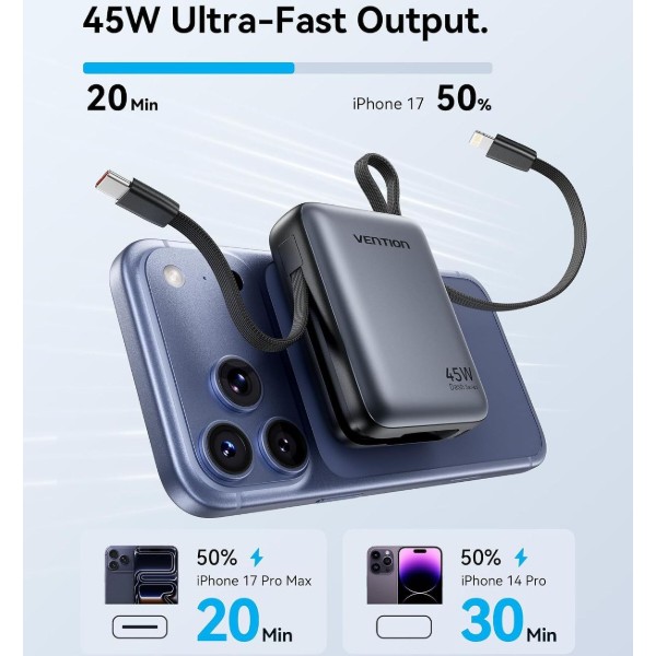 Фото - Батарея мобільна Vention 10000mAh 45W Built-in USB-C and Lightning Cables Beige (FKMN0)