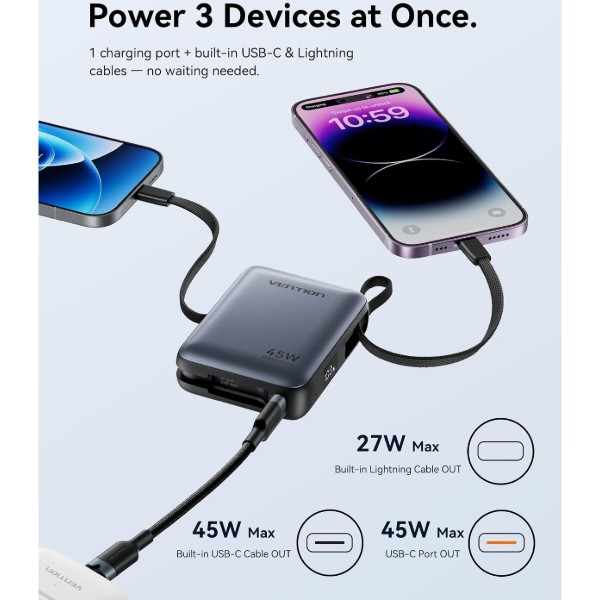 Фото - Батарея мобільна Vention 10000mAh 45W Built-in USB-C and Lightning Cables Beige (FKMN0)