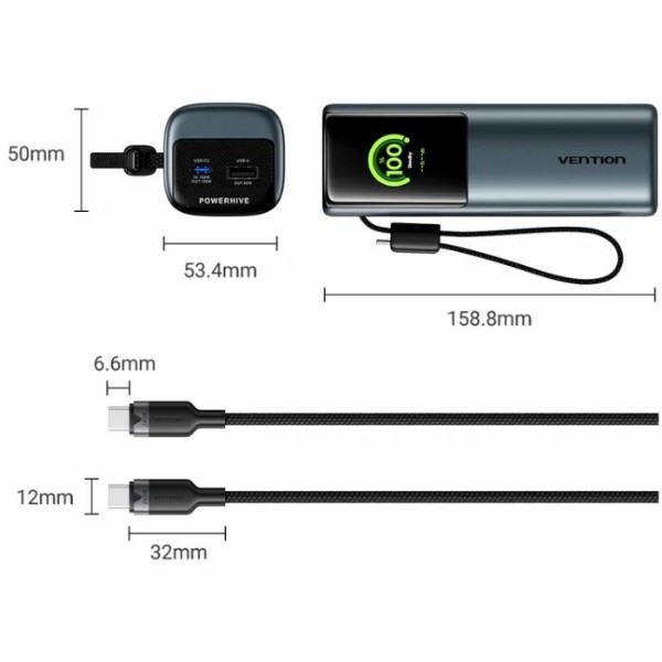 Фото - Батарея мобильная Vention 27000mAh 200W PD3.1, USB-A, USB-C In/Out (FKGH0)