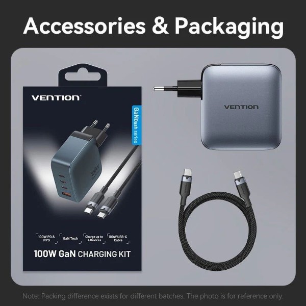 Фото - Сетевое зарядное устройство Vention 4xUSB 100W GaN +USB-C cable М-М Black (TZ-FETH0-EU)