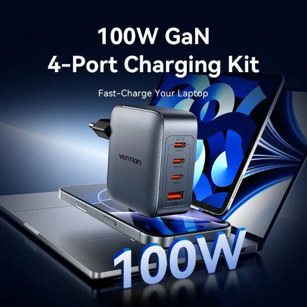 Фото - Сетевое зарядное устройство Vention 4xUSB 100W GaN +USB-C cable М-М Black (TZ-FETH0-EU)