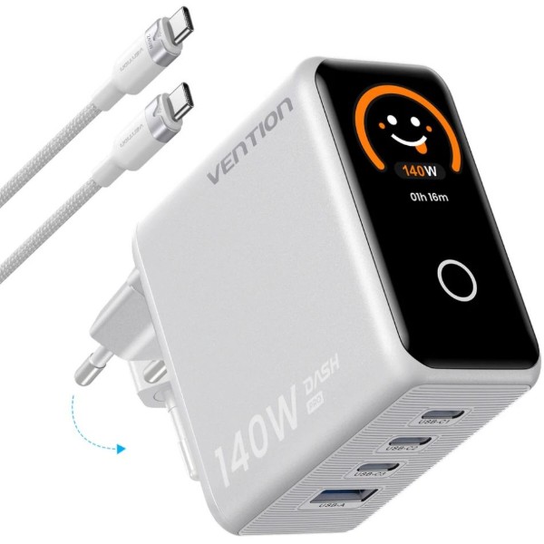 Фото - Сетевое зарядное устройство Vention 4xUSB 140W GaN +USB-C cable М-М White (TZ-FCOI0-EU)