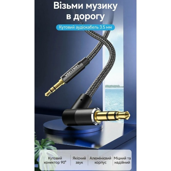 Фото - Кабель 3.5 мм - 3.5 мм Vention AUX Audio TRS M/M, кут 90°, 1.0м, Nylon Braided black (BAZBF)