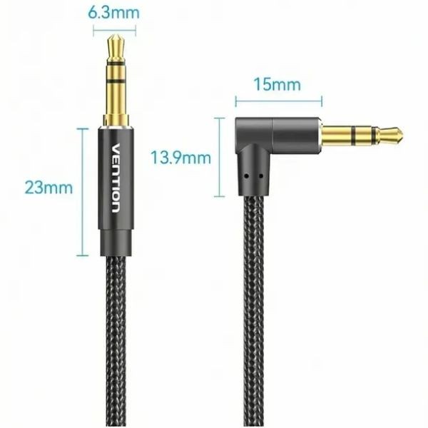 Фото - Кабель 3.5 мм -3.5 мм Vention AUX Audio TRS M/M, кут 90°, 1.5м, Nylon Braided black (BAZBG)