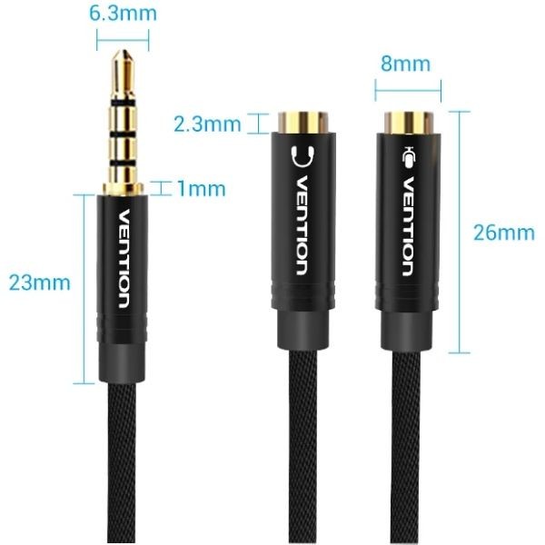 Фото - Кабель 3.5 мм -3.5 мм Vention Audio Jack TRS M -> 2xF, 1.0м, Cotton braided black (BBMBY)