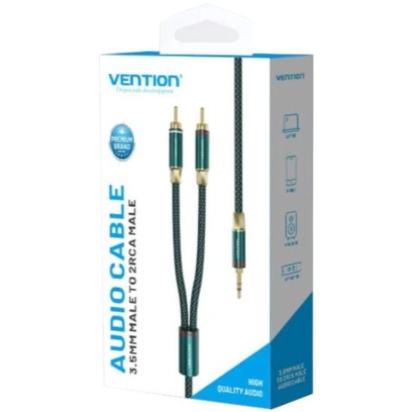 Фото - Кабель 3.5 мм - RCA Vention AUX Audio HiFi TRS 3.5мм - RCAx2 M/M 1.0м, OFC Silver, Cotton braided, green (BCSGF)