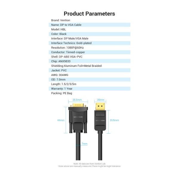 Фото - Кабель Vention DisplayPort M - VGA M 2 м 1080P Black (HBLBH)