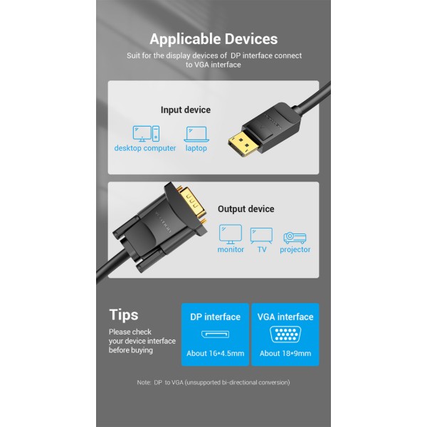 Фото - Кабель Vention DisplayPort M - VGA M 2 м 1080P Black (HBLBH)
