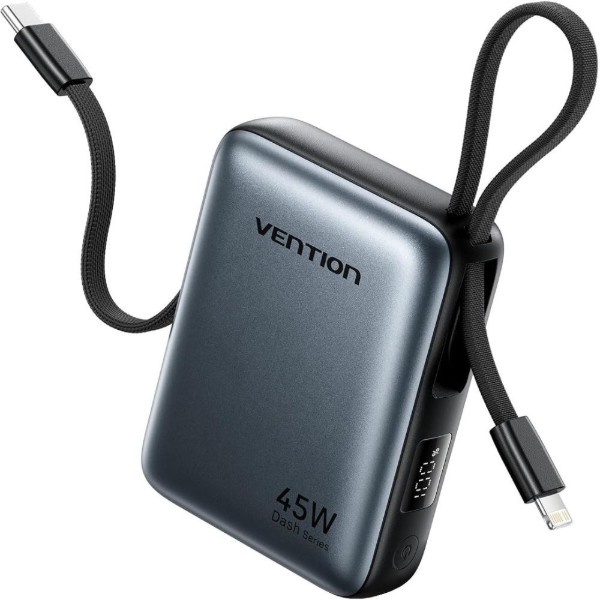 Фото - Батарея мобільна Vention 10000mAh 45W Built-in USB-C and Lightning Cables Gray (FKMH0)