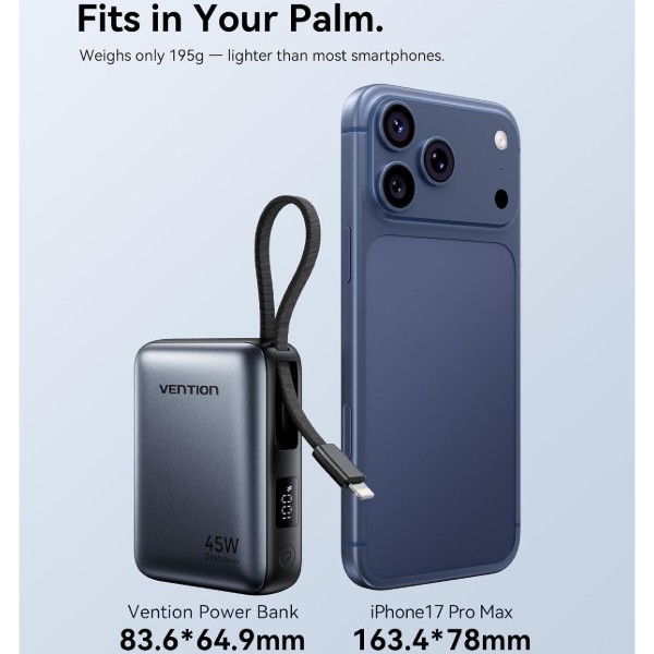 Фото - Батарея мобільна Vention 10000mAh 45W Built-in USB-C and Lightning Cables Gray (FKMH0)