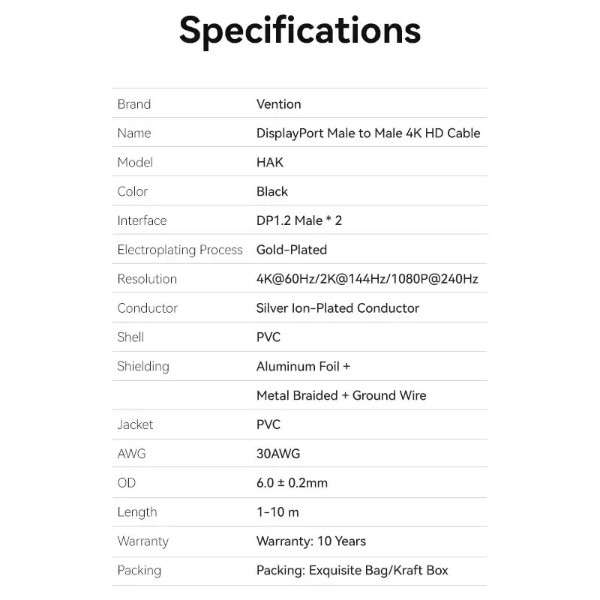 Фото - Кабель Vention DisplayPort M - M 1 м V1.2 4 Black (HAKBF)