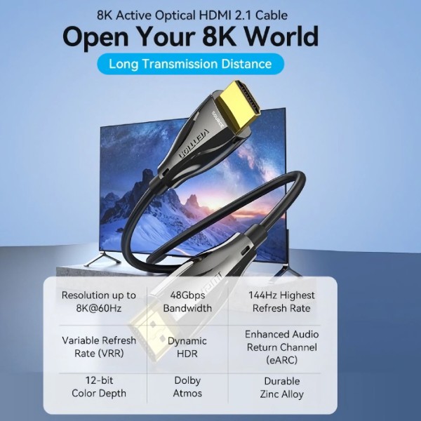 Фото - Кабель HDMI Vention HDMI M - M, 10.0м, V2.1, Optical 8K 60Гц 48Gbps Dolby 7.1 TPE Black Zinc Alloy (ALBBL)