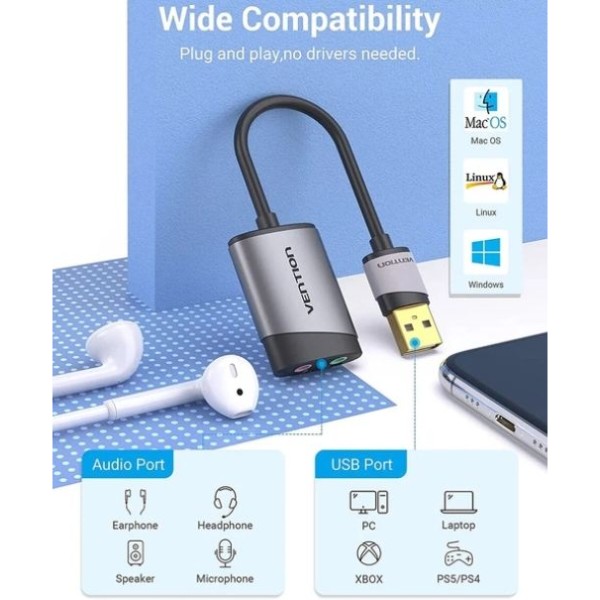 Фото - Звукова карта Vention USB AUX jack, 2*TRRS (Mic + Ear) 0.15м (CDKHB)
