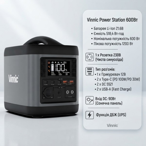 Фото - Зарядна станція універсальна Vinnic POLLUX Power Station PS600W-518 (PS600W-518wh-220REF) - Refurbished
