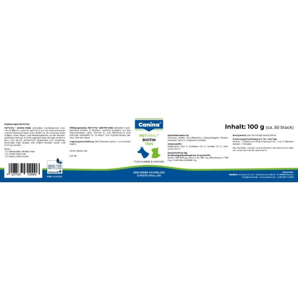 Фото - Витаминная добавка для собак Canina и кошек PETVITAL Biotin-Tabs 100 гр (4027565702008)