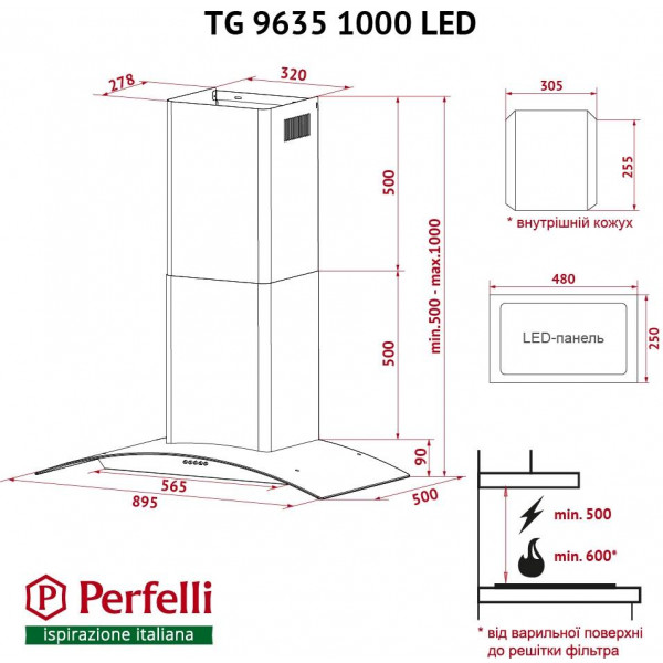 Фото - Вытяжка декоративная Perfelli TG 9635 I 1000 LED