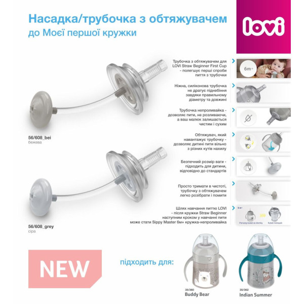 Фото - Аксесуар для дитячих поїльників Lovi Насадка/трубочка з обтяжувачем до Моєї першої кружки - сіра (56/608_grey)