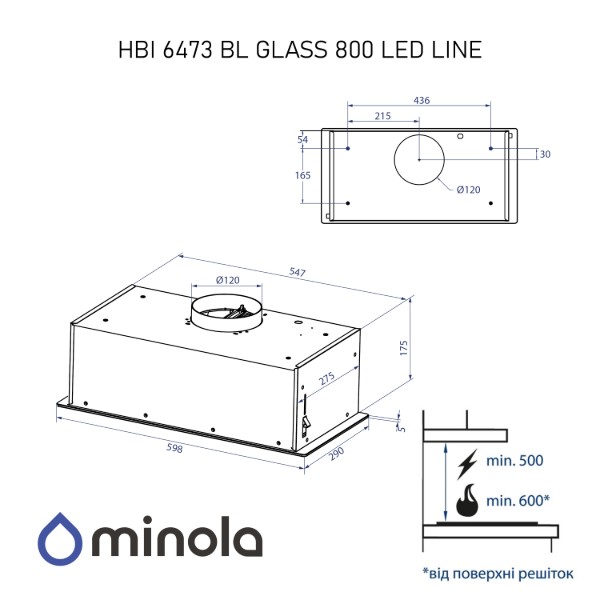 Фото - Витяжка вбудована Minola HBI 6473 BL GLASS 800 LED Line
