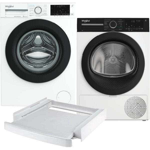Фото - Комплект техніки Whirlpool Пральна машина з фронтальним завантаженням + Сушильна машина + Комплект кріплень для встановлення в колону Whirlpool WAM 712WB UA + WPS 7 WBS UA + SKS101 White