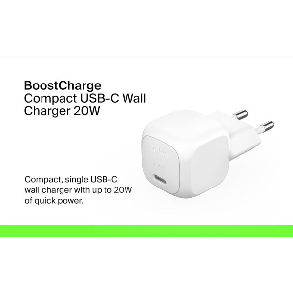 Фото - Мережевий зарядний пристрій Belkin 20Вт USB-C PD PPS White (WCA009KQWH)