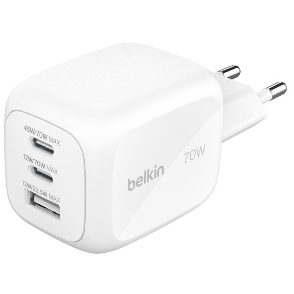 Фото - Мережевий зарядний пристрій Belkin 70Вт 2хUSB-С/USB-A GAN PD PPS White (WCH018HQWH)