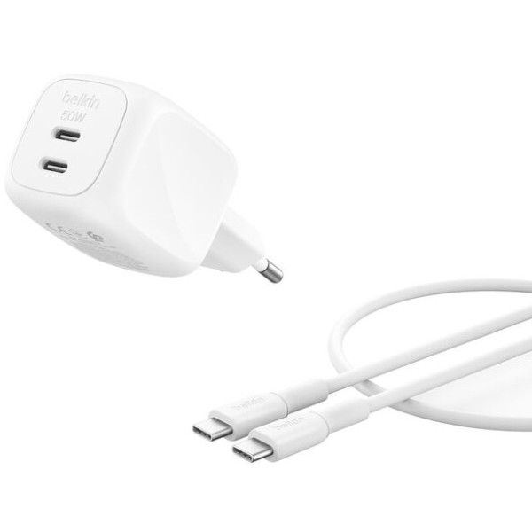 Фото - Бездротовий зарядний пристрій Belkin 50Вт 2хUSB-С GAN PD PPS кабель USB-С > USB-C 1м 
White (WCH019KQ1MWH-B6)