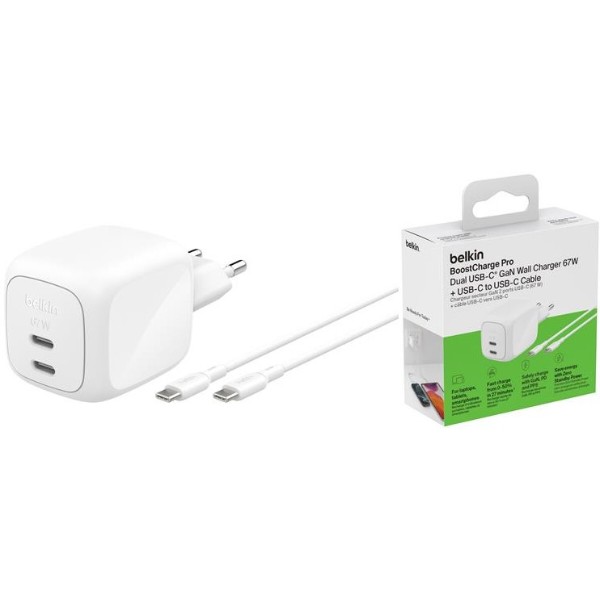 Фото - Беспроводное зарядное устройство Belkin 67Вт 2хUSB-С GAN PD PPS кабель USB-С > USB-C 2м White (WCH020KQ2MWH-B6)